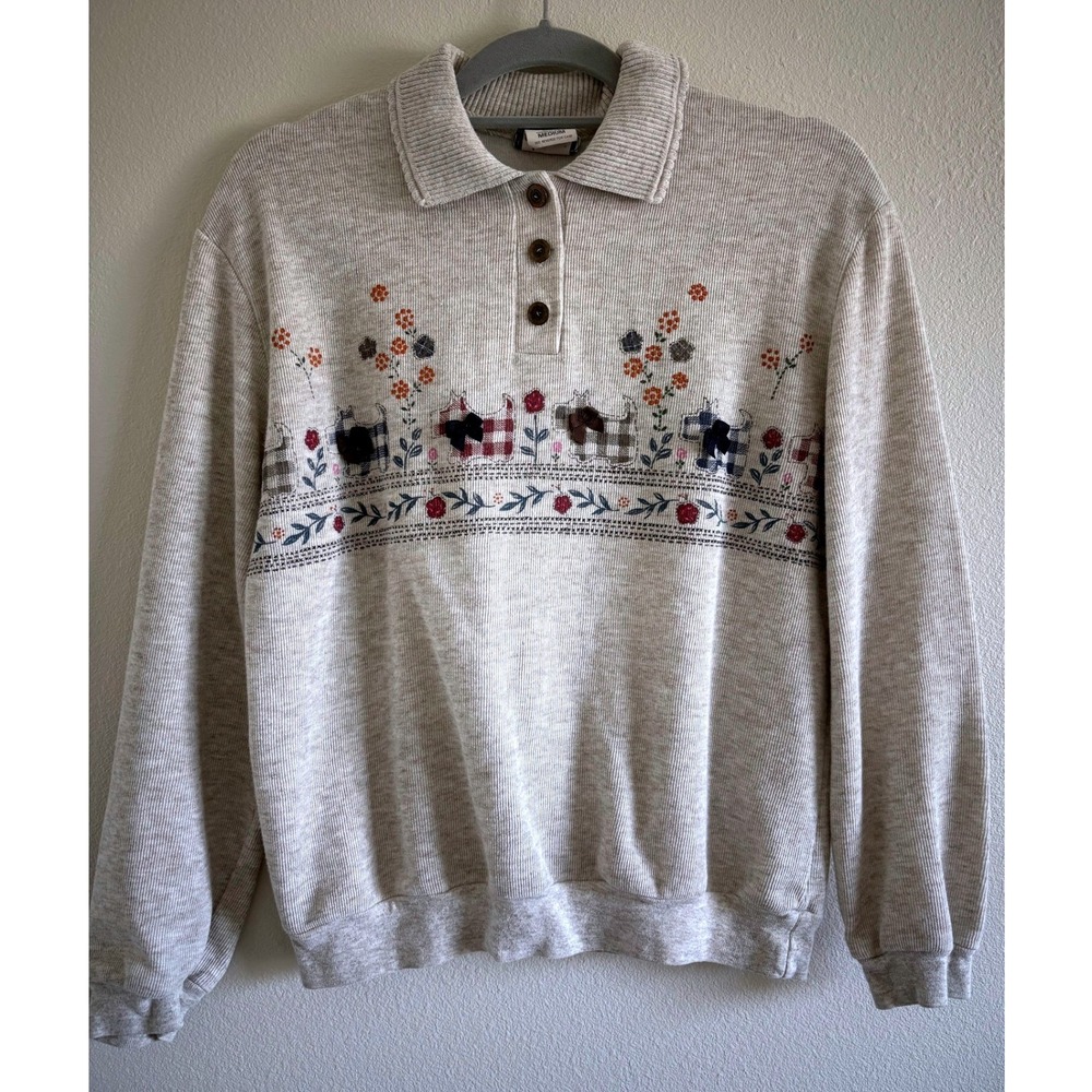 Vintage Scottie Dog Sweater Collared Long Sleeve Oatmeal 90s Preppy Size Medium